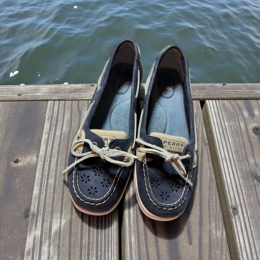 Sperry Top Sider Womens Boat Shoes 8.5 Blue Cream Leather Floral Cutout